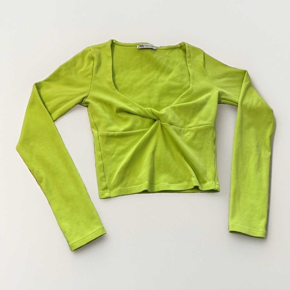 ZARA Women's Twist Front Long Sleeve Crop Top Sz M Neon Lime Green Yellow